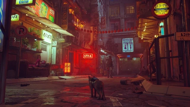 Detailed alley scene with reflective pavement